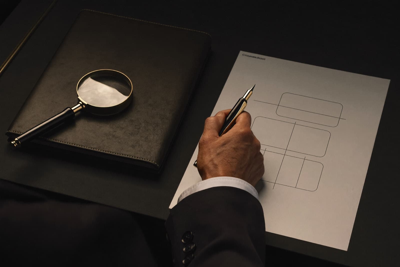 A hand reviewing a tabbed corporate due-diligence dossier, with one red index tab standing out among neutral tabs.
