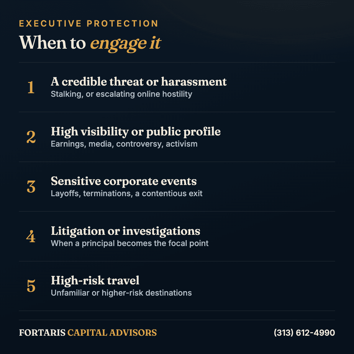 Checklist of the risk signals that warrant executive protection: credible threats, high visibility, sensitive events, litigation, and high-risk travel.