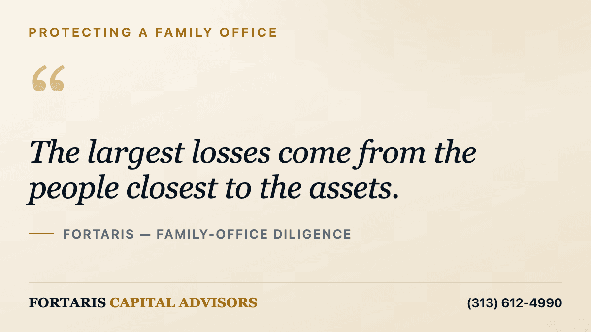 An editorial statement card reading: the largest losses come from the people closest to the assets.