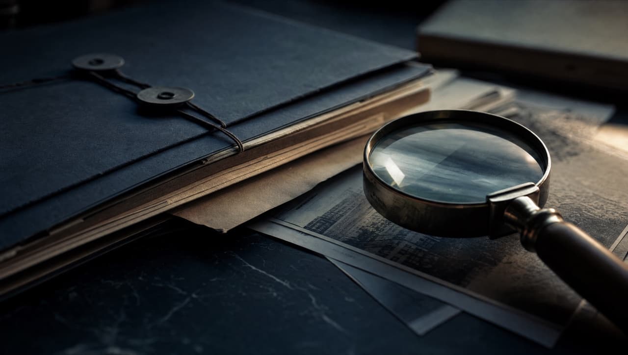 Layered confidential file folders and a magnifying glass resting on printed documents.