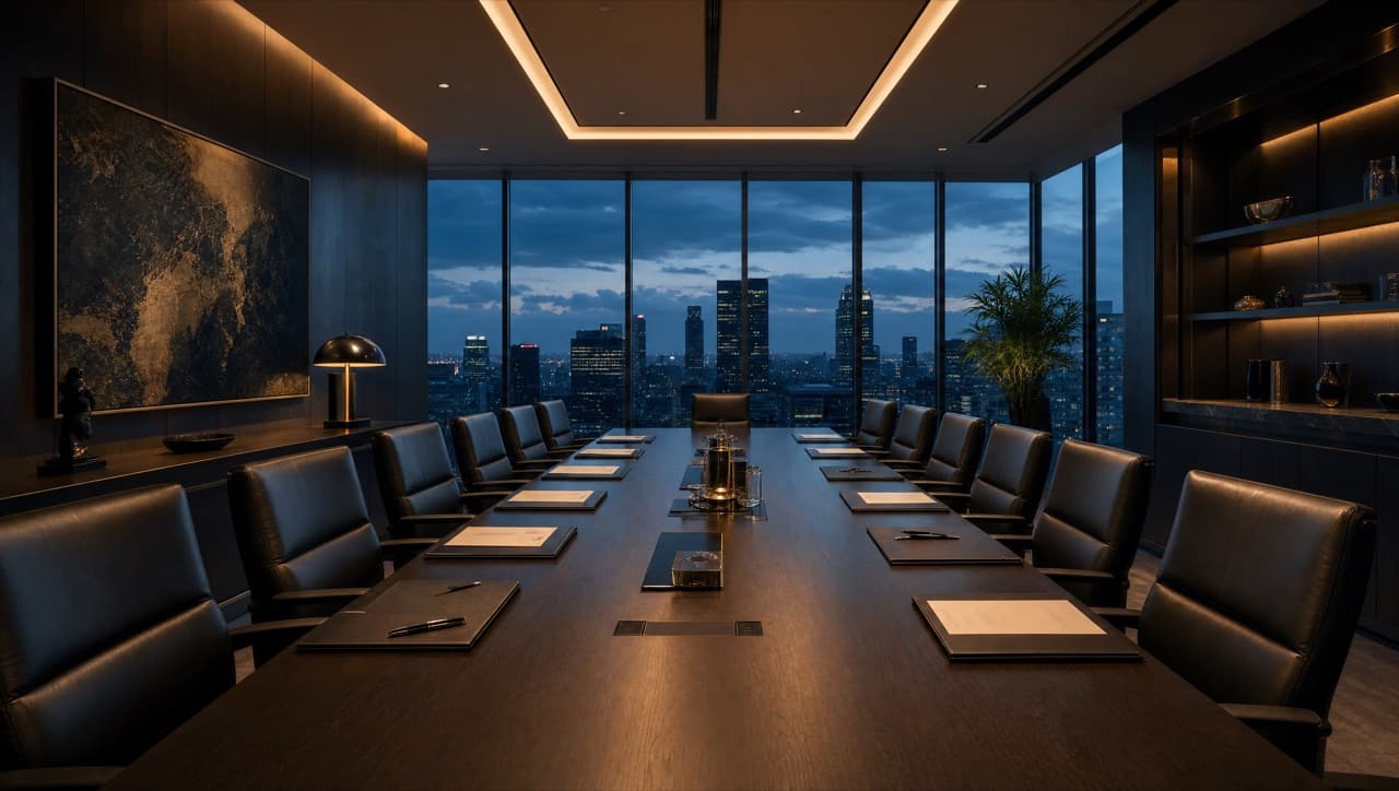 An empty executive boardroom at dusk with documents on a long table and a city skyline beyond the windows.