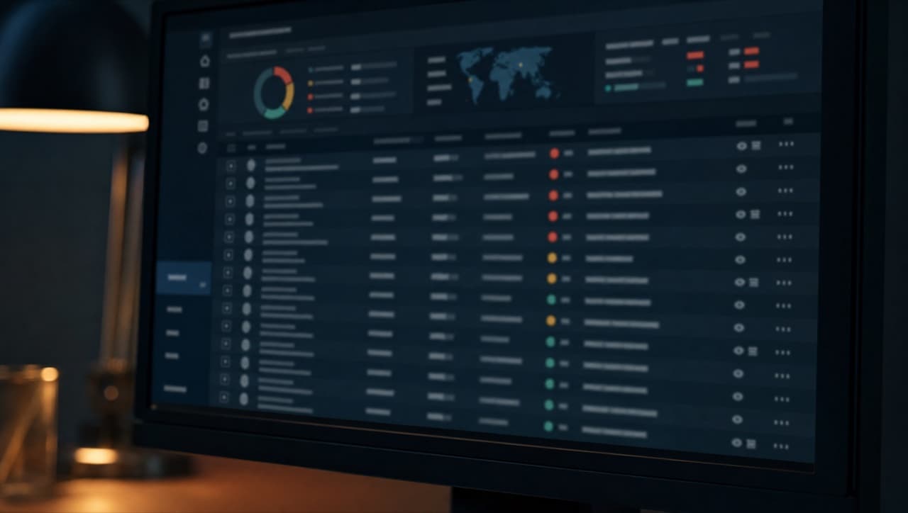 A dark monitor displaying an abstract screening interface, suggesting sanctions and watchlist checks.