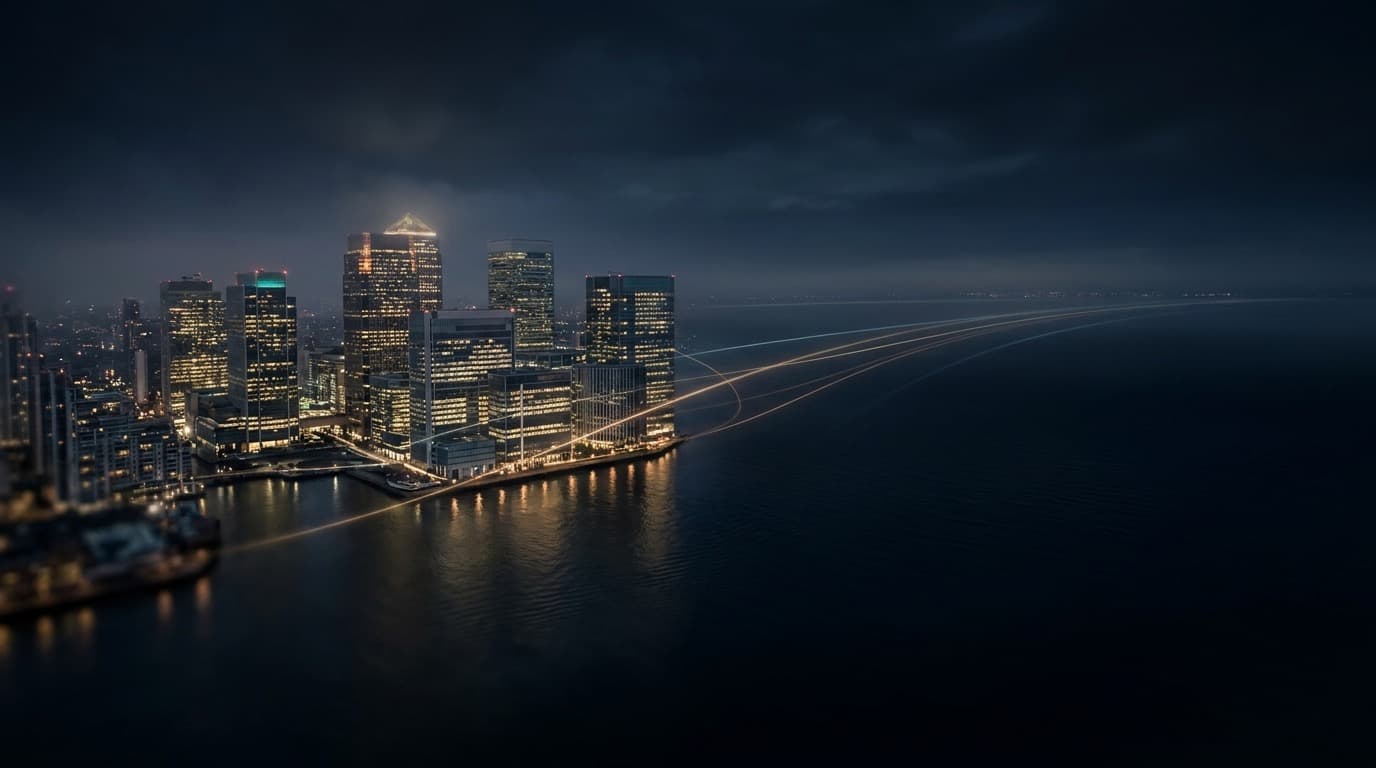 A moody aerial night view of a modern global financial district in deep navy tones with warm gold light, evoking value moving across borders in a cross-border asset trace