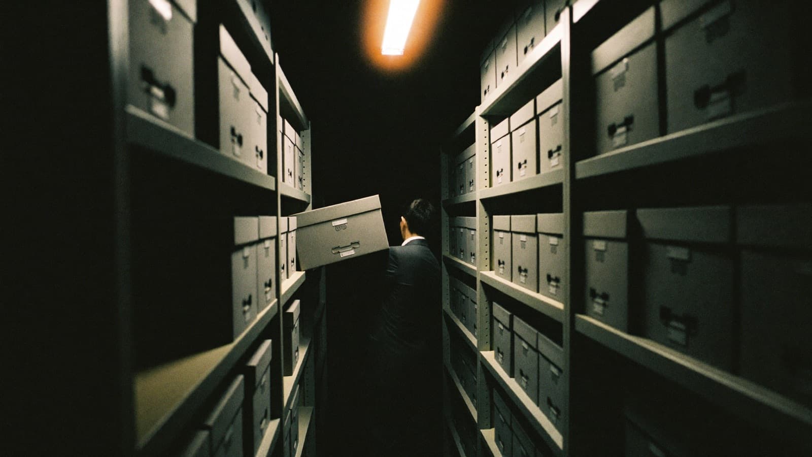 A corporate records archive at night: a narrow aisle of tall shelving stacked with numbered document boxes, lit by a single overhead light, with a person in a dark suit seen from behind sliding one box out from a middle shelf.