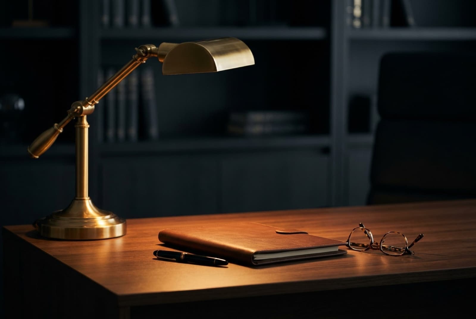 A quiet analyst's desk under warm lamplight with a closed leather portfolio, a brass desk lamp, and a fountain pen on a dark surface.