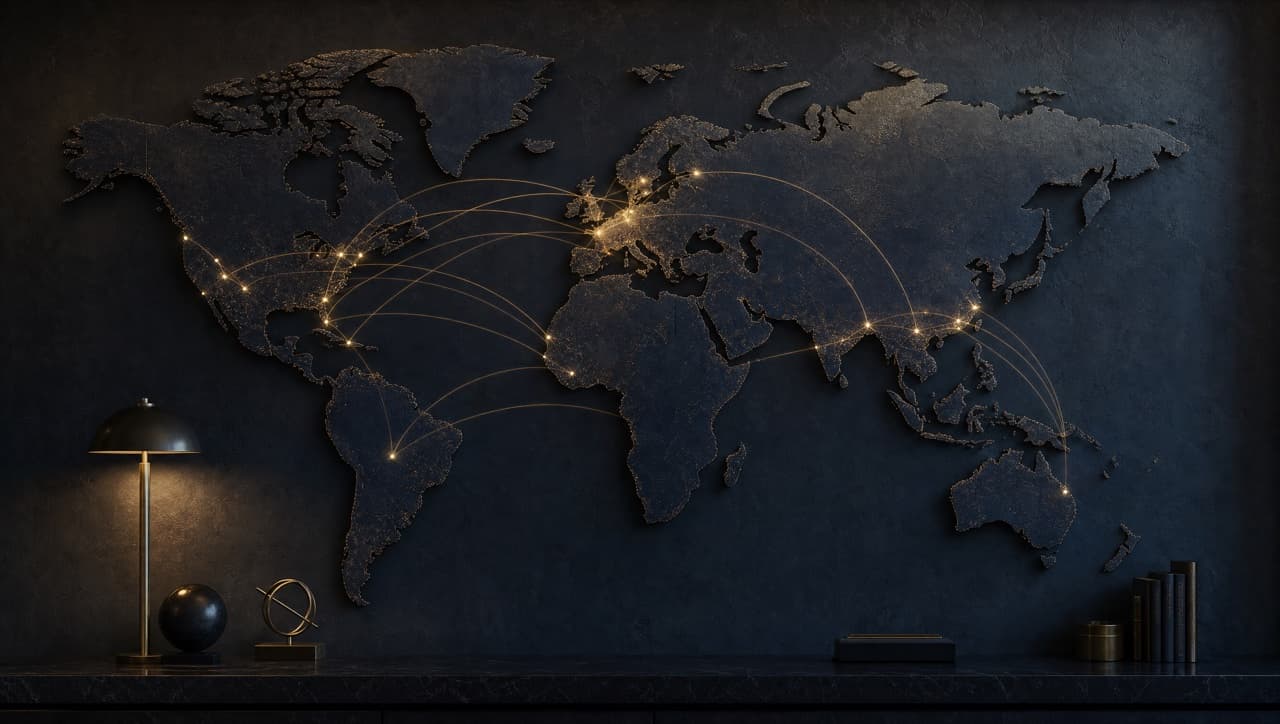 A dark world map with faint gold lines connecting continents, suggesting an international financial network.