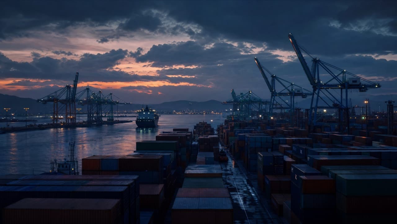 A moody international shipping port at dusk with stacked cargo containers and cranes.