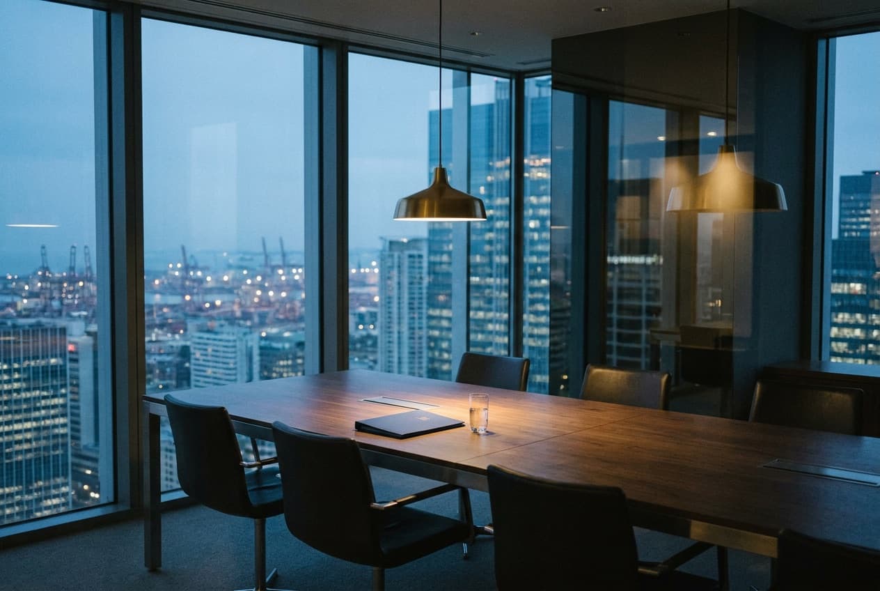 A modern corporate boardroom at dusk with floor-to-ceiling windows over an international financial district, a long table catching low gold light, empty chairs and a single closed folder — evoking a cross-border matter under review.