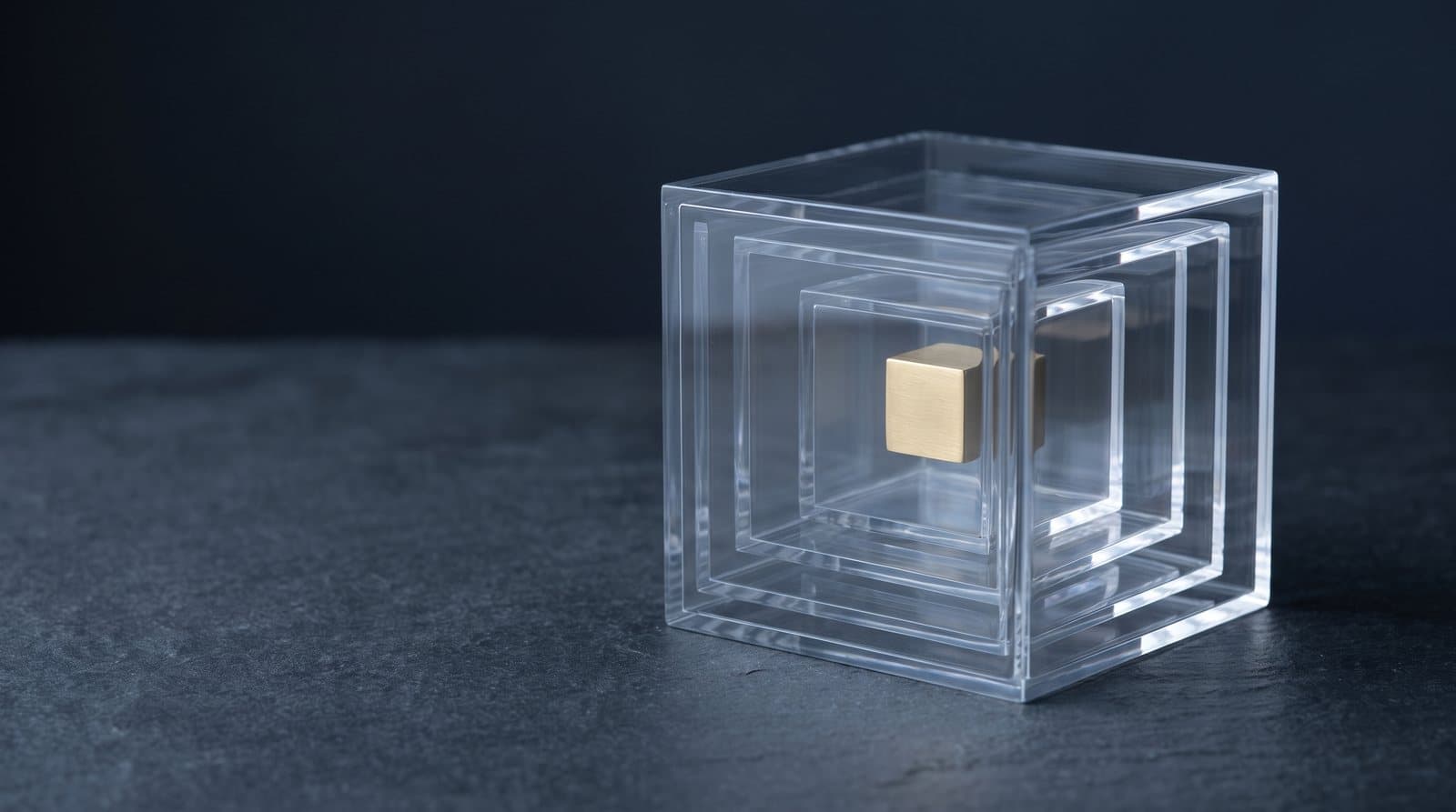 Nested glass boxes around a gold core: beneficial ownership under the Corporate Transparency Act 2026, behind layers