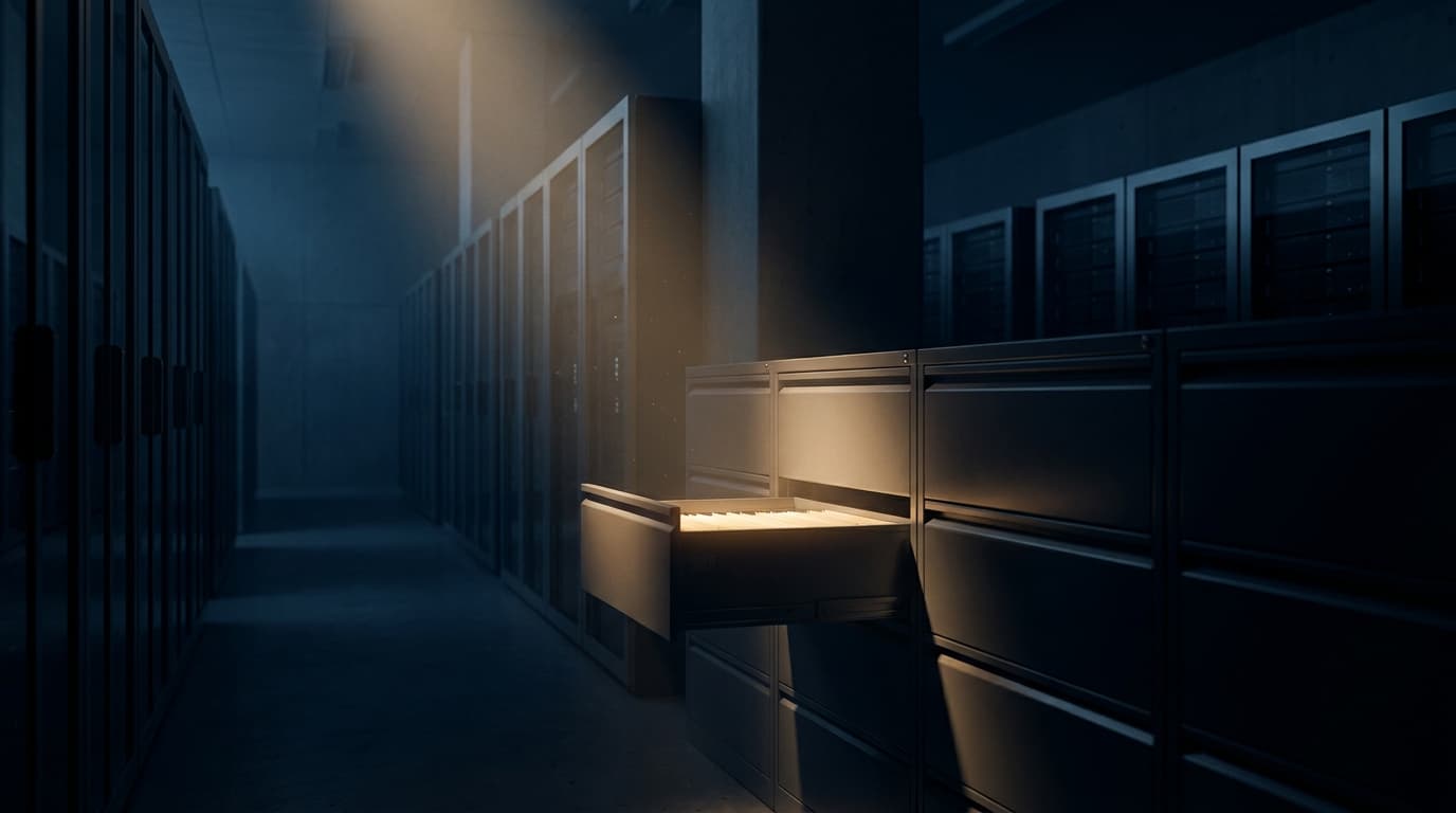 A modern institutional records archive at night, long rows of cabinets receding into shadow with a single aisle lit by warm gold light, evoking ownership information that exists but is no longer accessible.