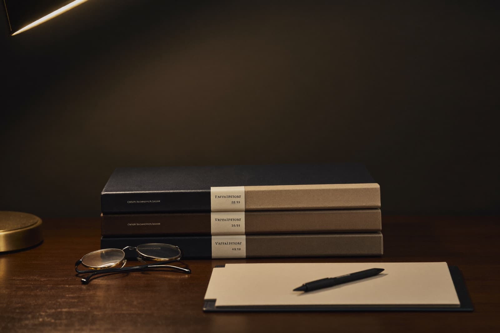 A stack of tabbed due-diligence binders, a fountain pen, and reading glasses on a dark closing-table under warm lamplight.