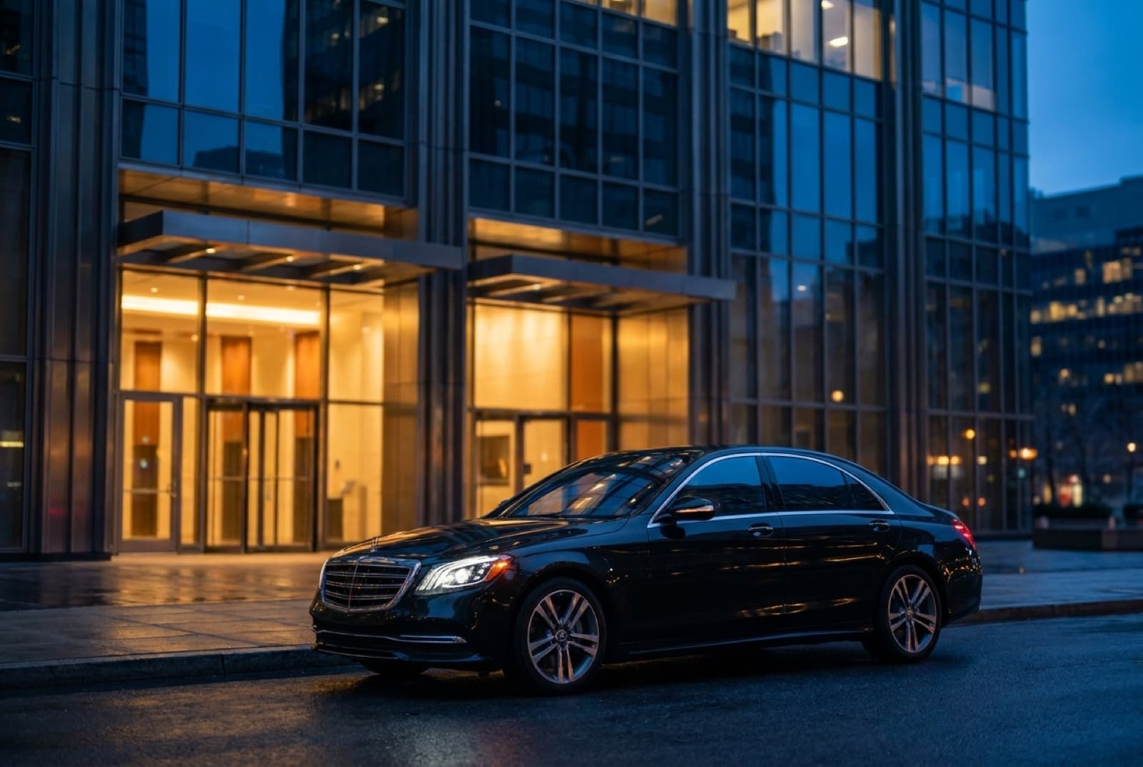 A dark executive sedan waiting at a modern glass corporate entrance at dusk, conveying discreet, professional protection.