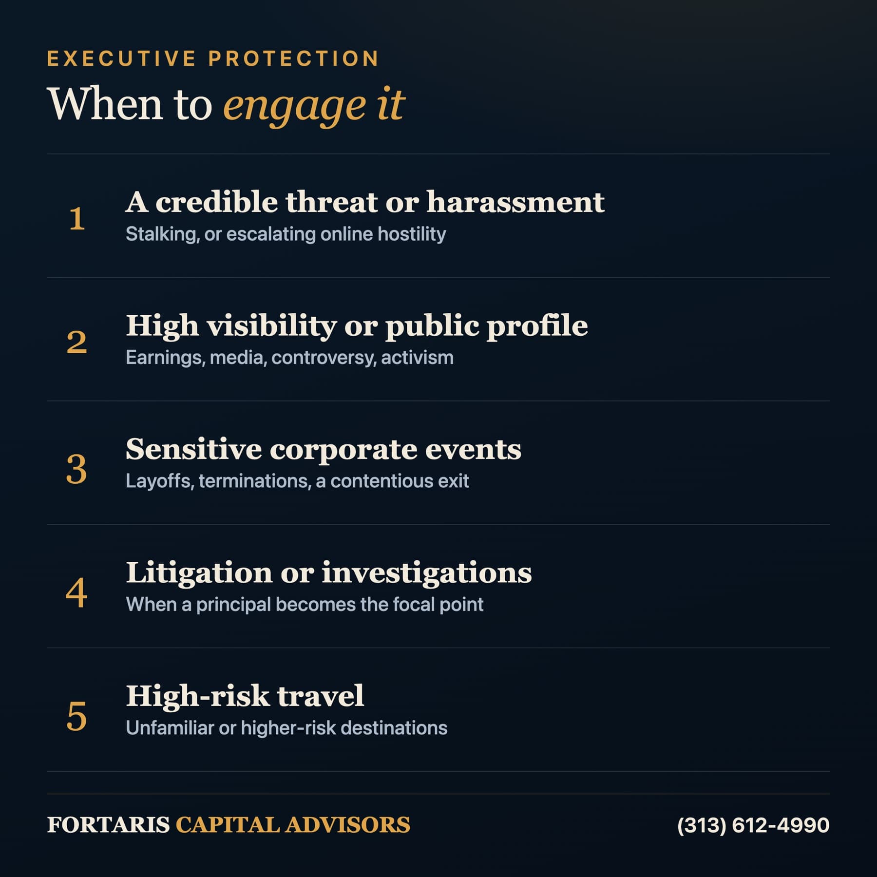 Checklist of the risk signals that warrant executive protection: credible threats, high visibility, sensitive events, litigation, and high-risk travel.