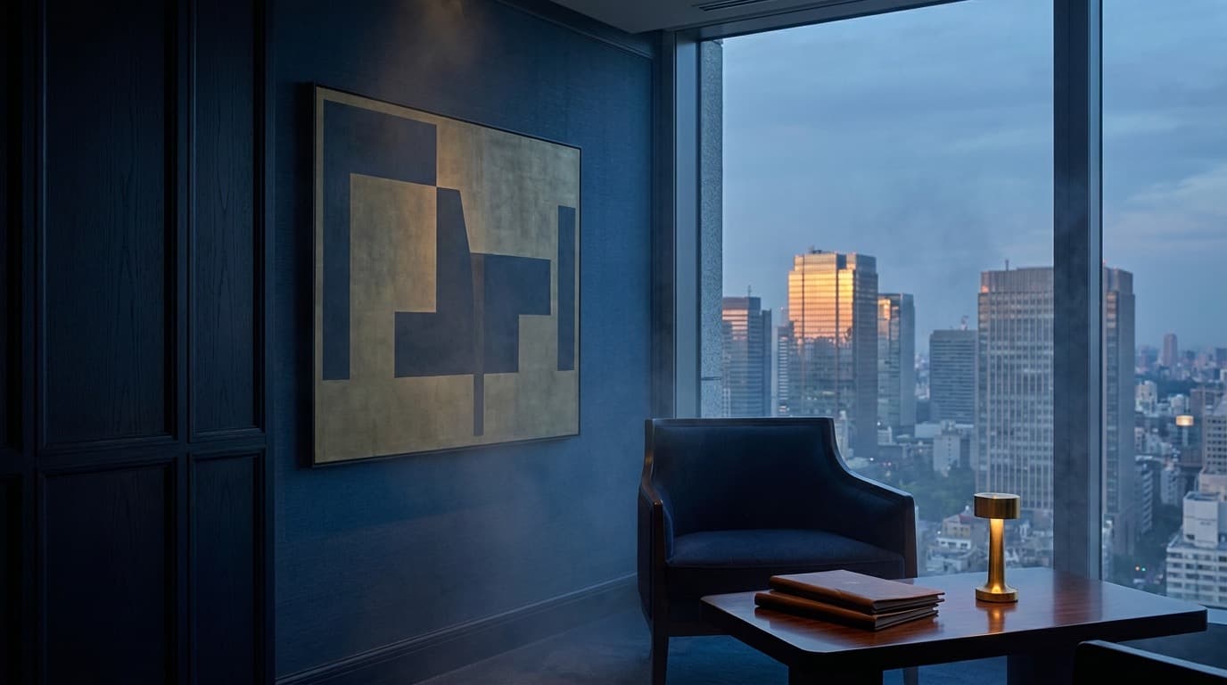 A refined, private family-office lounge at dusk — a single armchair and low table with bound documents beside floor-to-ceiling windows over a city skyline going gold, an abstract artwork on a deep-navy wall — evoking discreet, generational wealth.