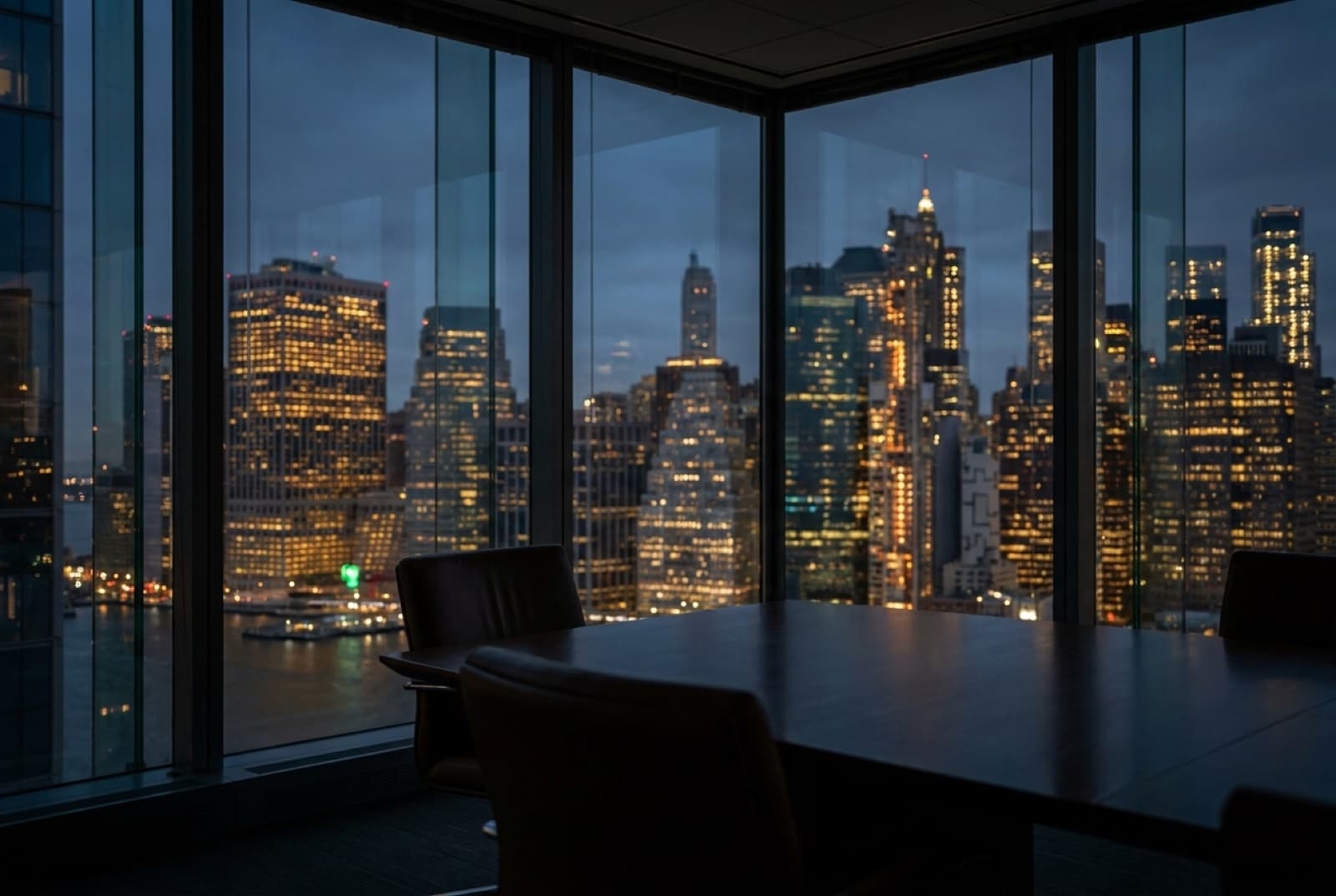 The view from a dark modern boardroom on a high floor, looking through floor-to-ceiling glass onto a U.S. financial-district skyline at dusk.