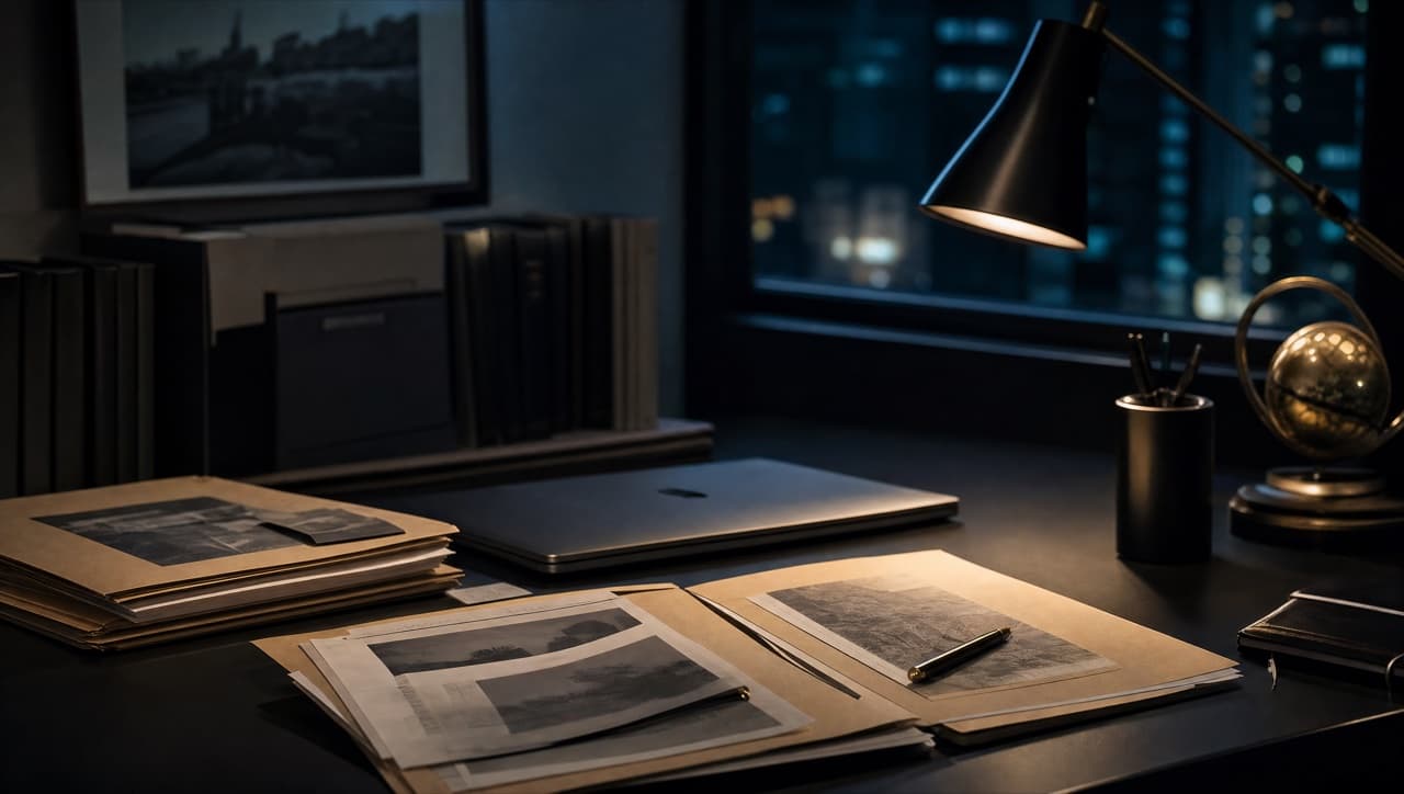 A corporate investigator's desk at night with open dossiers, documents, and a laptop under a focused lamp.