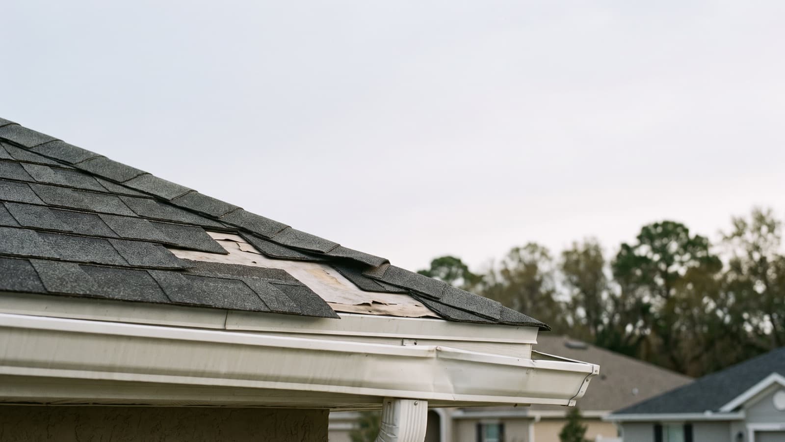 Lifted and missing shingles on a roof edge after a storm: a routine property claim of the kind an insurance SIU may review