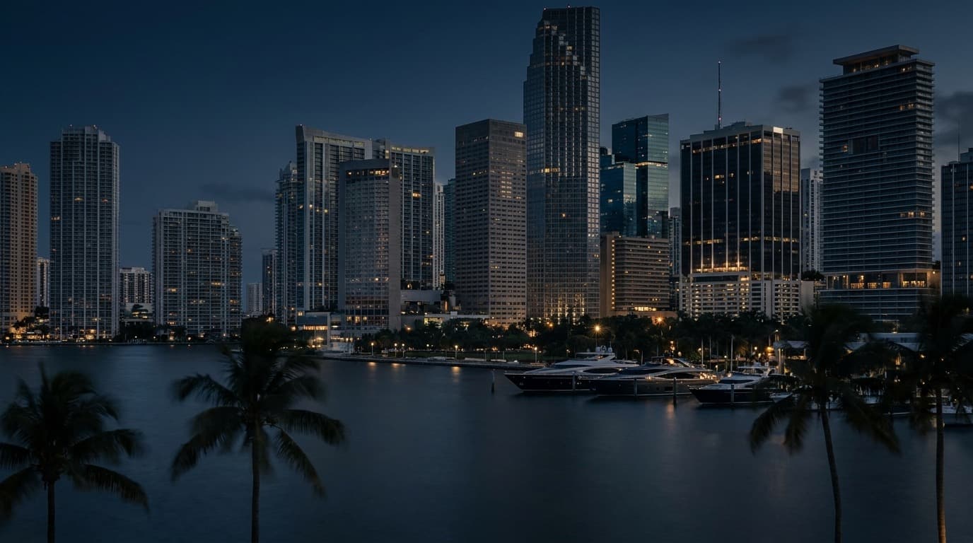 The Brickell and downtown Miami financial-district skyline at dusk, glass towers reflected on Biscayne Bay with a superyacht at anchor, evoking South Florida's concentration of international capital.