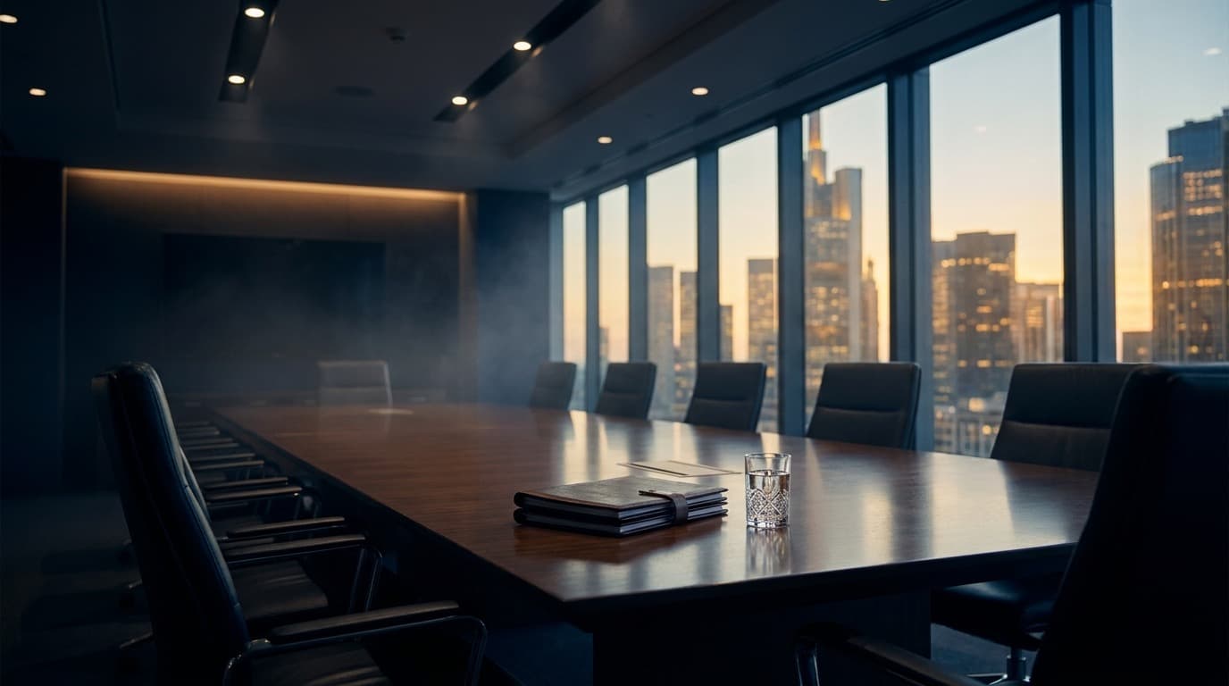 An empty high-end private-equity boardroom at dusk — a long polished table, leather chairs, closing documents and a glass of water, with a financial-district skyline going gold beyond floor-to-ceiling windows.