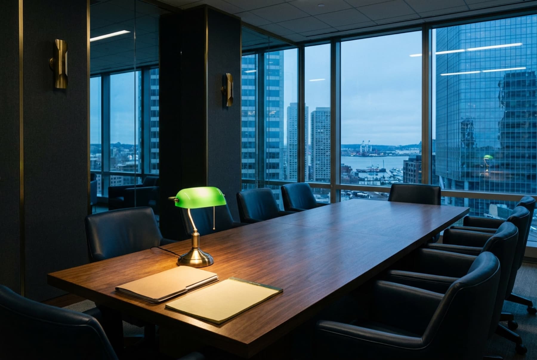 A law firm conference room at dusk, an unopened case file and a single lamp lit, conveying the decision point before a complaint is filed.