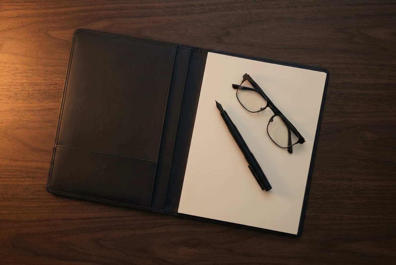 An overhead view of an open unmarked dossier, a matte-black pen, and reading glasses arranged on a dark desk under directional light.