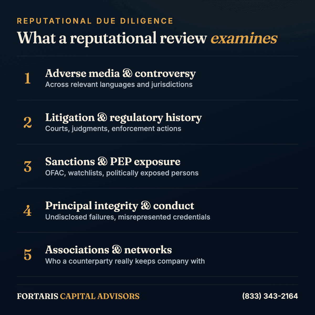 Checklist of what reputational due diligence examines: adverse media, litigation and regulatory history, sanctions and PEP exposure, principal integrity, and associations.