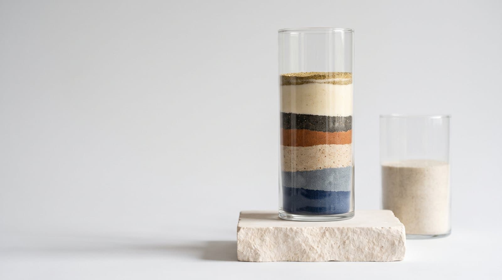 Source of wealth verification: a glass column of layered sands beside a jar holding a single plain sand, on pale stone