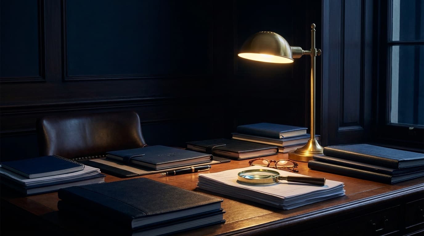 An elegant private study desk at night — neatly arranged financial documents and ledgers, a fountain pen, reading glasses, and a magnifying glass lit by a single warm lamp — evoking the quiet, rigorous examination of where wealth came from.