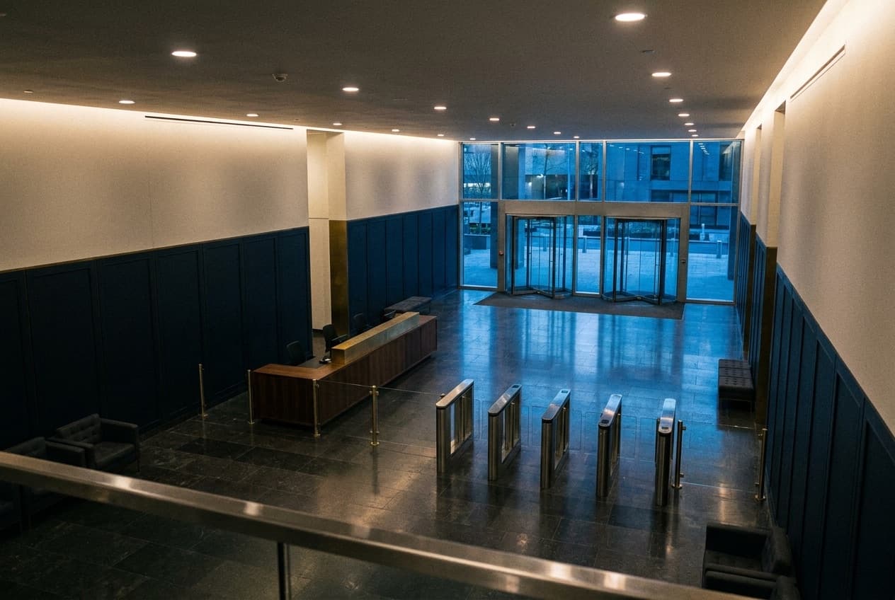 A modern corporate lobby at dusk viewed from an elevated angle — glass entry doors, a reception desk, and clear sightlines across an empty floor, evoking the assessment of access and exposure rather than a security presence.