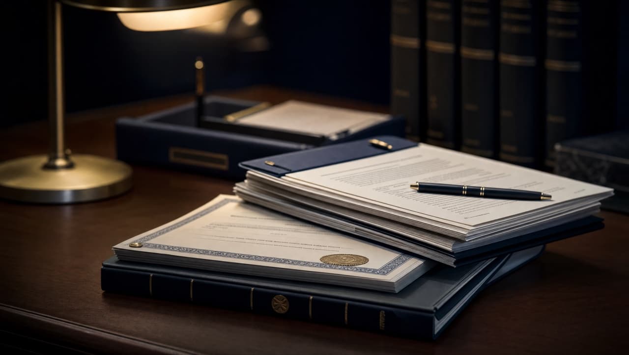 A stack of U.S. corporate and legal documents — a contract, a certificate of incorporation, and a bound ledger — on a dark desk under a warm lamp.