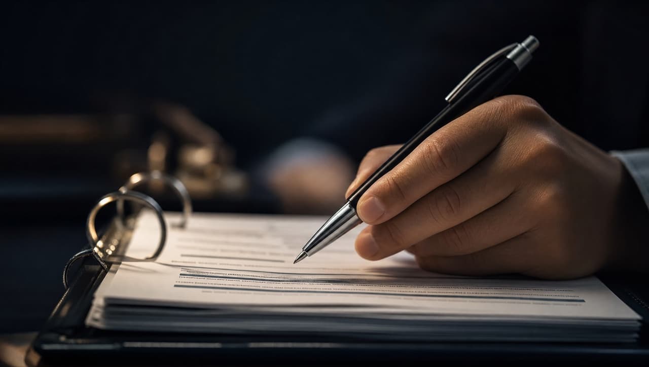 Close-up of a hand reviewing a corporate registry document with a pen.