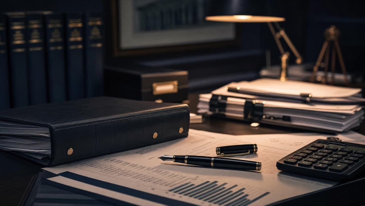 A forensic accountant's desk with bound ledgers, financial statements, a calculator, and a pen under a lamp.