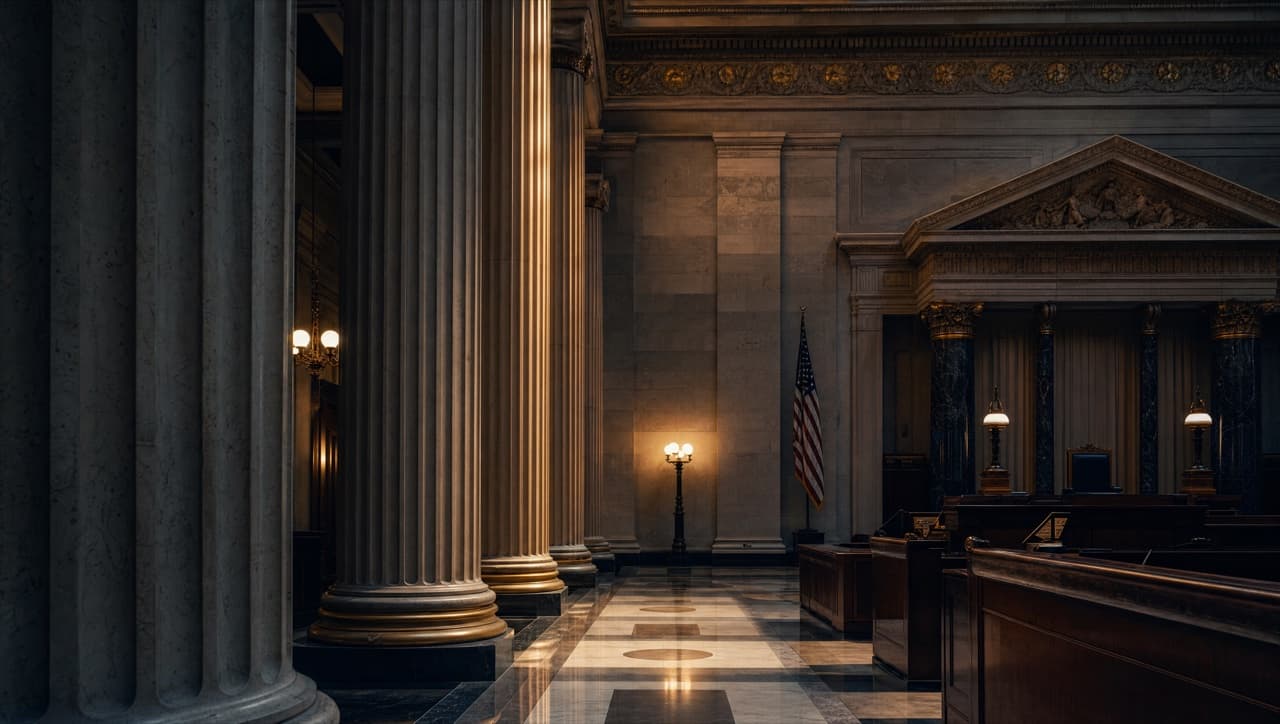 A neoclassical American courthouse interior with stone columns and a marble floor in dramatic light.